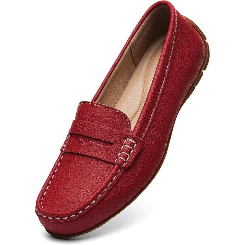 Kordal Women's Red Leather Comfortable & Lightweight Penny Loafers Flats